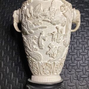 Intricately Carved Bone Elephant-Handle Decorative Vase
